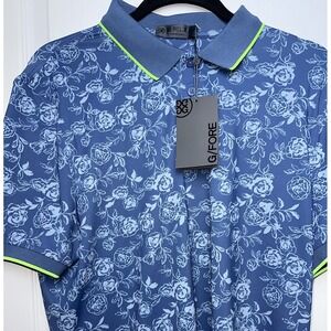 New G/Fore XL Golf Polo Peony Sketch Tech Jersey Floral Print Slate‎ Blue
